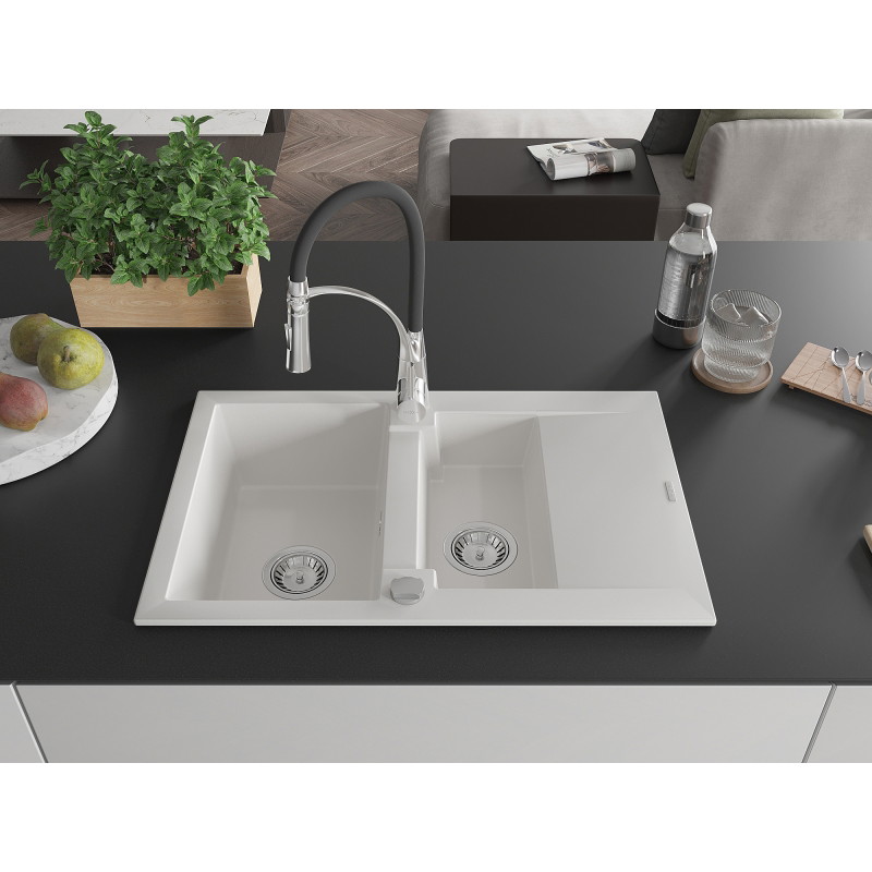Mexen Gaspar granite kitchen sink 1.5-bowl with drainer and kitchen faucet Aster, white - 6507-20-73450-07