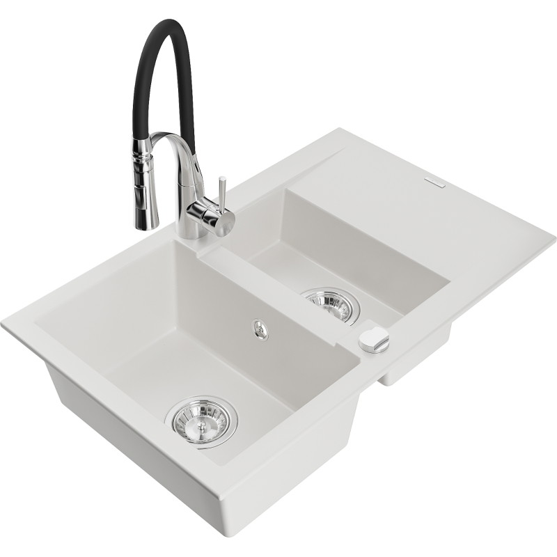 Mexen Gaspar granite kitchen sink 1.5-bowl with drainer and kitchen faucet Aster, white - 6507-20-73450-07