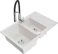 Mexen Gaspar granite sink 1.5-bowl with drainer and Aster kitchen faucet, white - 6507-20-73450-07
