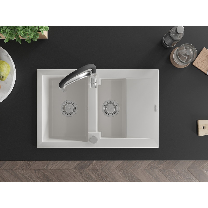 Mexen Gaspar granite sink 1.5-bowl with drainer and Aster kitchen faucet, white - 6507-20-73450-07