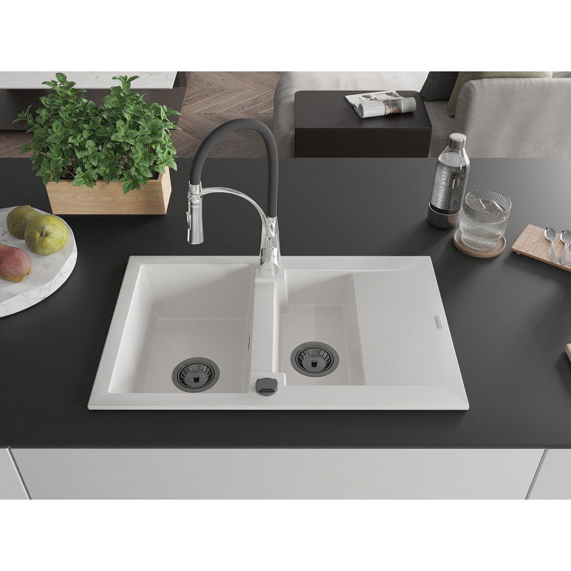 Mexen Gaspar 1.5-bowl granite sink with drainer and Aster kitchen faucet, white - 6507-20-73450-07-B