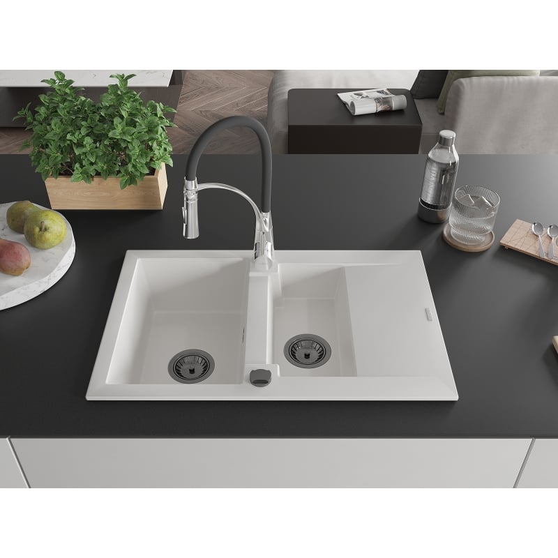 Mexen Gaspar granite sink 1.5-bowl with drainer and Aster kitchen faucet, white - 6507-20-73450-07-B