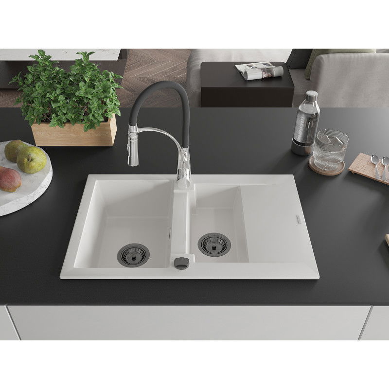 Mexen Gaspar granite sink 1.5-bowl with drainer and Aster kitchen tap, white - 6507-20-73450-07-B