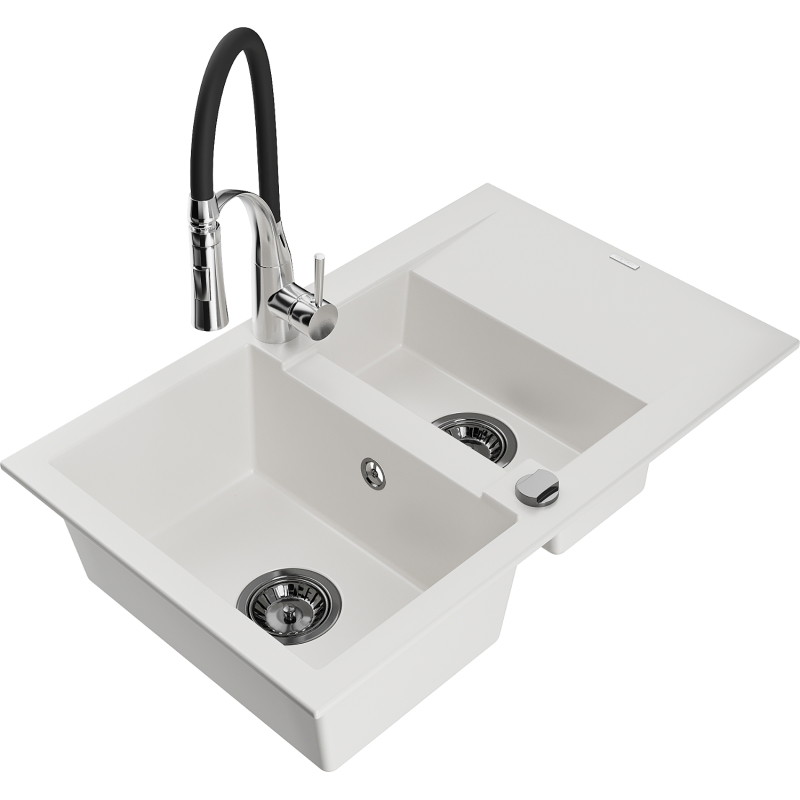 Mexen Gaspar 1.5-bowl granite sink with drainer and Aster kitchen faucet, white - 6507-20-73450-07-B