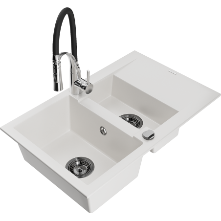 Mexen Gaspar granite sink 1.5-bowl with drainer and Aster kitchen faucet, white - 6507-20-73450-07-B