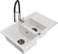 Mexen Gaspar granite sink 1.5-bowl with drainer and Aster kitchen faucet, white - 6507-20-73450-07-B