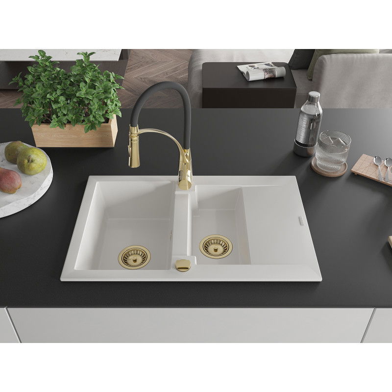 Mexen Gaspar granite sink 1.5-bowl with drainer and Aster kitchen tap, white - 6507-20-73450-57-G