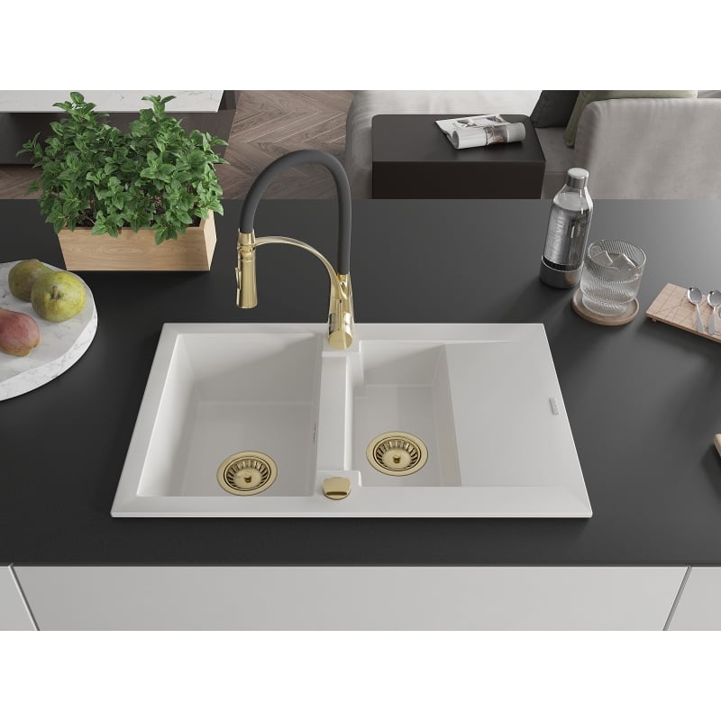 Mexen Gaspar granite sink 1.5-bowl with drainer and kitchen faucet Aster, white - 6507-20-73450-57-G
