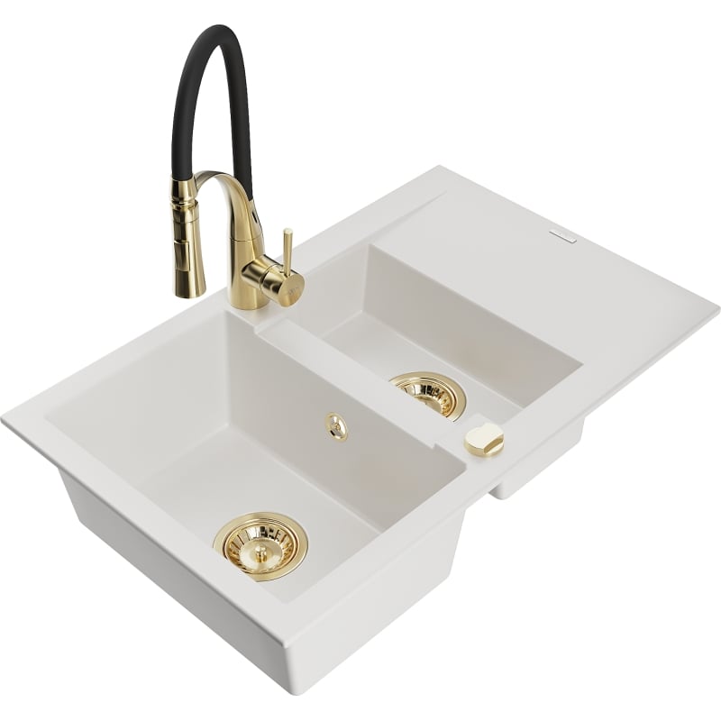 Mexen Gaspar granite sink 1.5-bowl with drainer and Aster kitchen faucet, white - 6507-20-73450-57-G