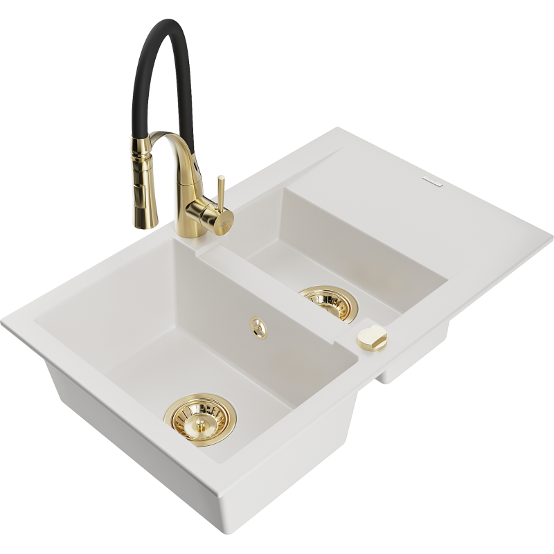 Mexen Gaspar granite sink 1.5-bowl with drainer and Aster kitchen tap, white - 6507-20-73450-57-G