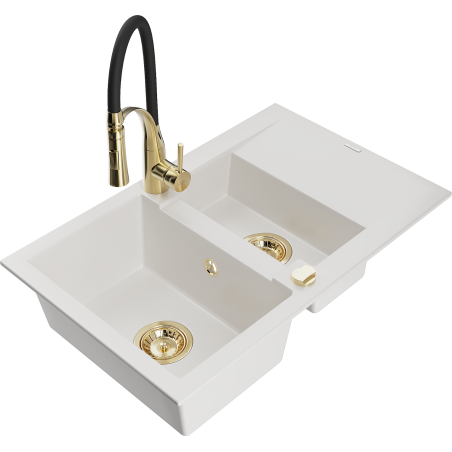 Mexen Gaspar granite sink 1.5-bowl with drainer and Aster kitchen tap, white - 6507-20-73450-57-G