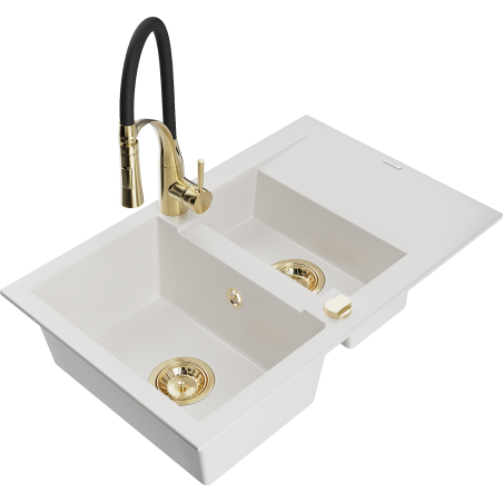 Mexen Gaspar granite sink 1.5-bowl with drainer and kitchen faucet Aster, white - 6507-20-73450-57-G
