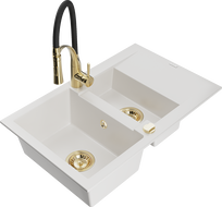 Mexen Gaspar granite sink 1.5-bowl with drainer and Aster kitchen tap, white - 6507-20-73450-57-G
