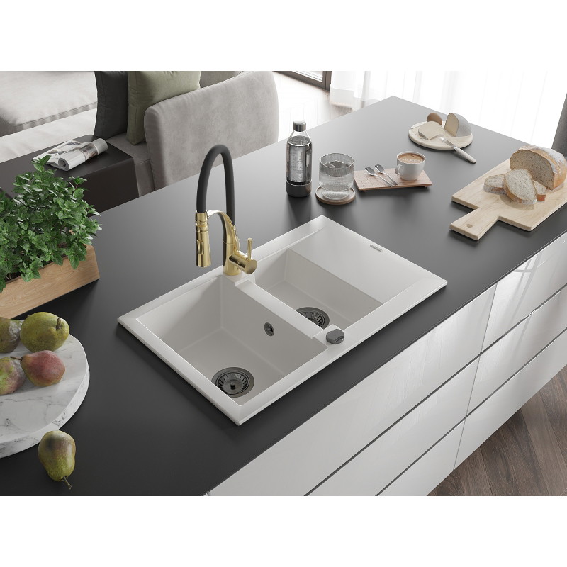 Mexen Gaspar 1.5-bowl granite sink with drainer and Aster kitchen faucet, white - 6507-20-73450-57-B