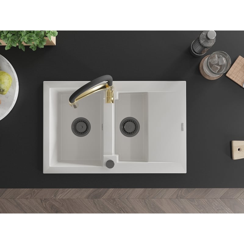 Mexen Gaspar 1.5-bowl granite sink with drainer and Aster kitchen faucet, white - 6507-20-73450-57-B