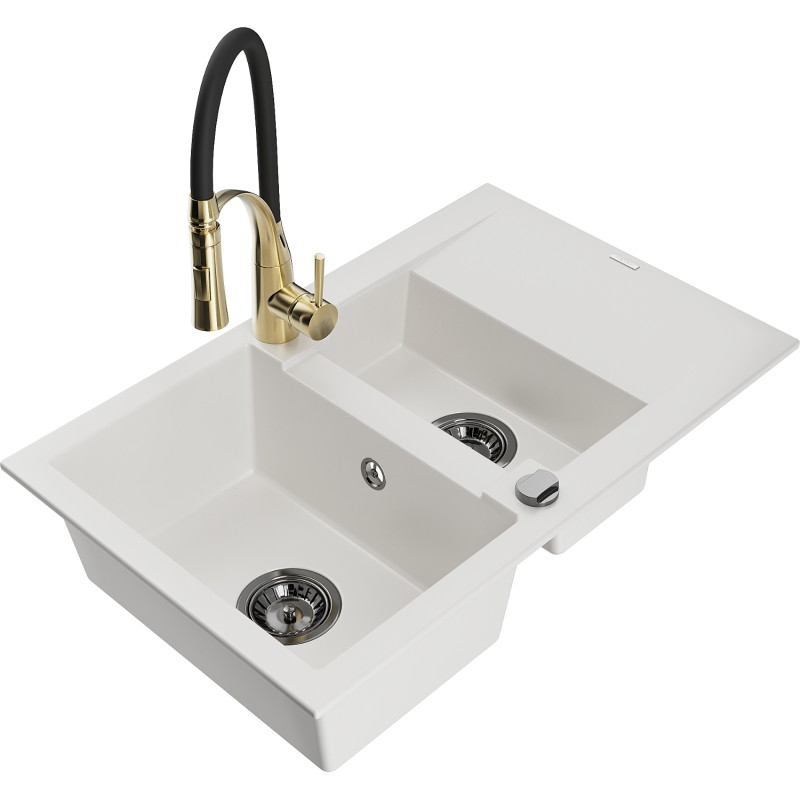 Mexen Gaspar 1.5-bowl granite sink with drainer and Aster kitchen faucet, white - 6507-20-73450-57-B
