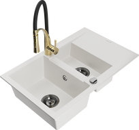 Mexen Gaspar granite sink 1.5-bowl with drainer and Aster kitchen tap, white - 6507-20-73450-57-B