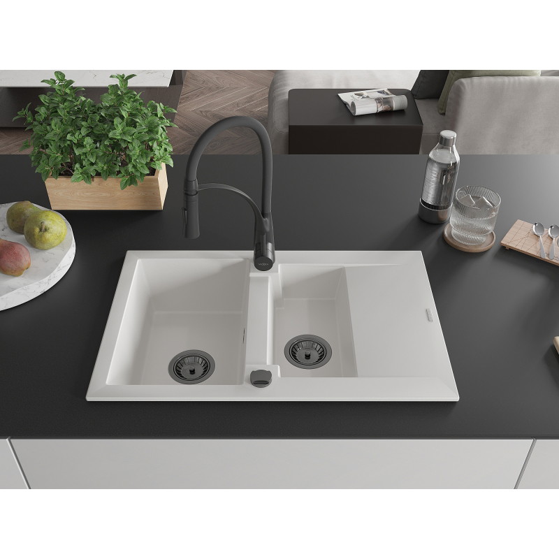 Mexen Gaspar granite sink 1.5-bowl with drainer and Aster kitchen faucet, white - 6507-20-73450-70-B