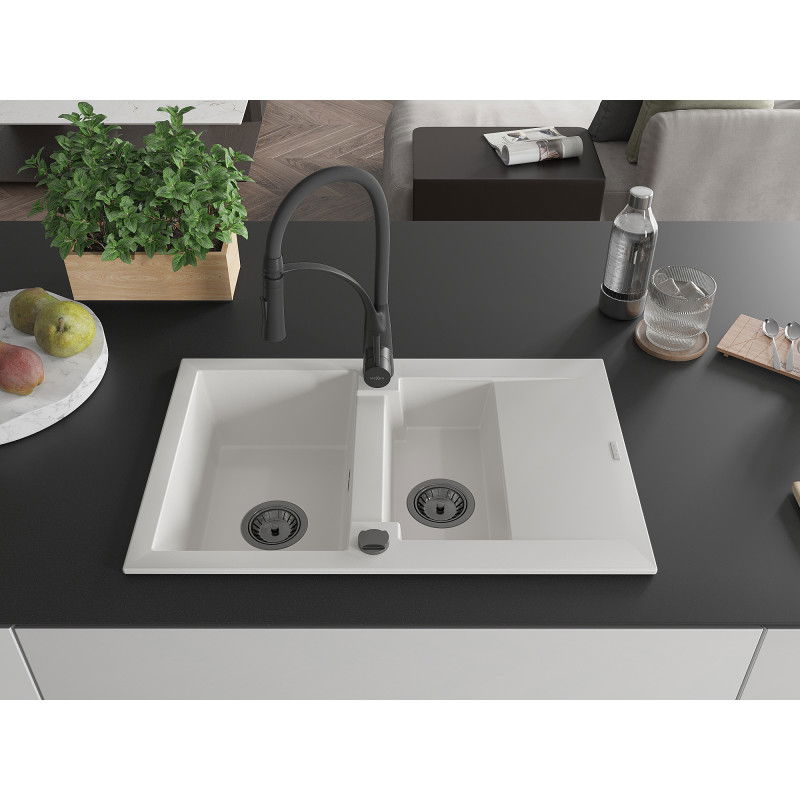 Mexen Gaspar granite sink 1.5-bowl with drainer and Aster kitchen tap, white - 6507-20-73450-70-B