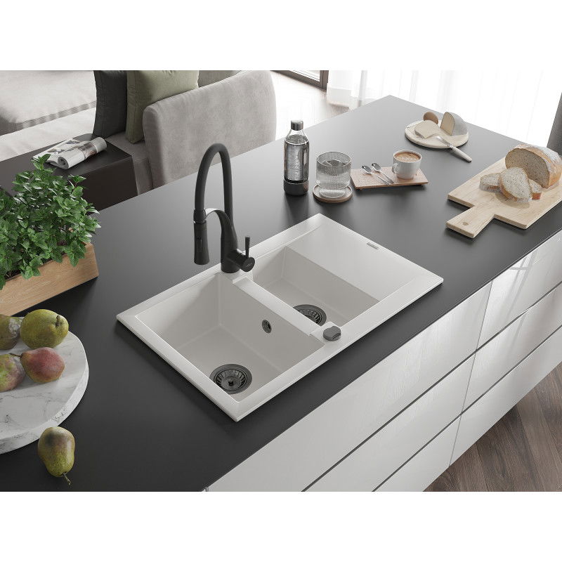 Mexen Gaspar granite sink 1.5-bowl with drainer and Aster kitchen tap, white - 6507-20-73450-70-B