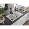 Mexen Gaspar granite sink 1.5-bowl with drainer and Aster kitchen tap, white - 6507-20-73450-70-B