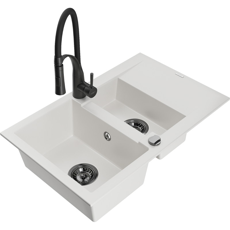 Mexen Gaspar granite sink 1.5-bowl with drainer and Aster kitchen faucet, white - 6507-20-73450-70-B