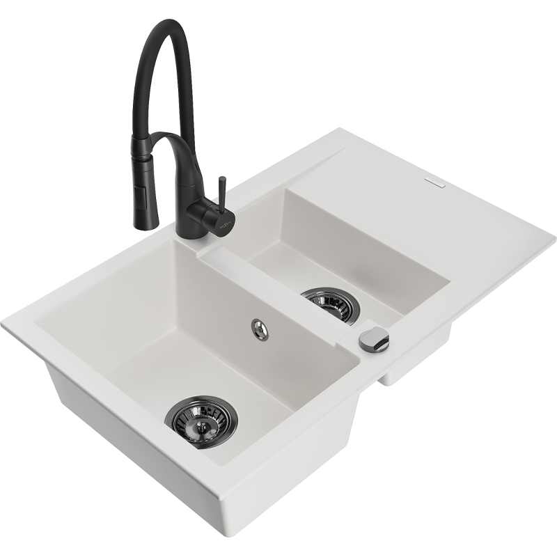 Mexen Gaspar granite sink 1.5-bowl with drainer and Aster kitchen tap, white - 6507-20-73450-70-B