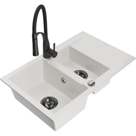 Mexen Gaspar granite sink 1.5-bowl with drainer and Aster kitchen tap, white - 6507-20-73450-70-B