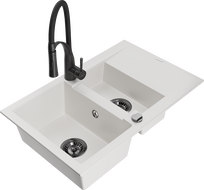Mexen Gaspar granite sink 1.5-bowl with drainer and Aster kitchen tap, white - 6507-20-73450-70-B