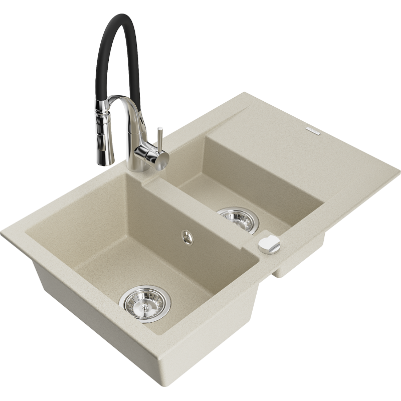 Mexen Gaspar 1.5-compartment granite sink with a drip tray and kitchen mixer tap Aster, Beige - 6507-69-73450-07