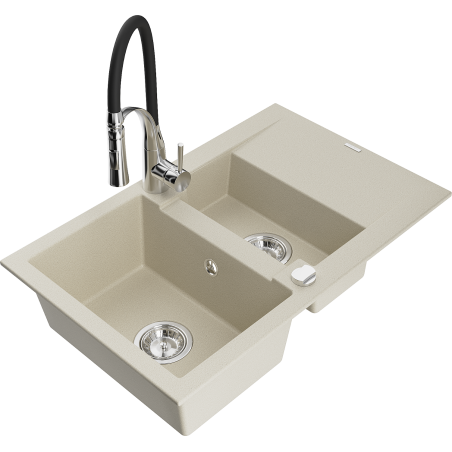 Mexen Gaspar 1.5-compartment granite sink with a drip tray and kitchen mixer tap Aster, Beige - 6507-69-73450-07