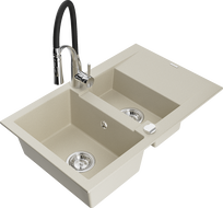 Mexen Gaspar granite sink 1.5-bowl with drainer and Aster kitchen tap, beige - 6507-69-73450-07