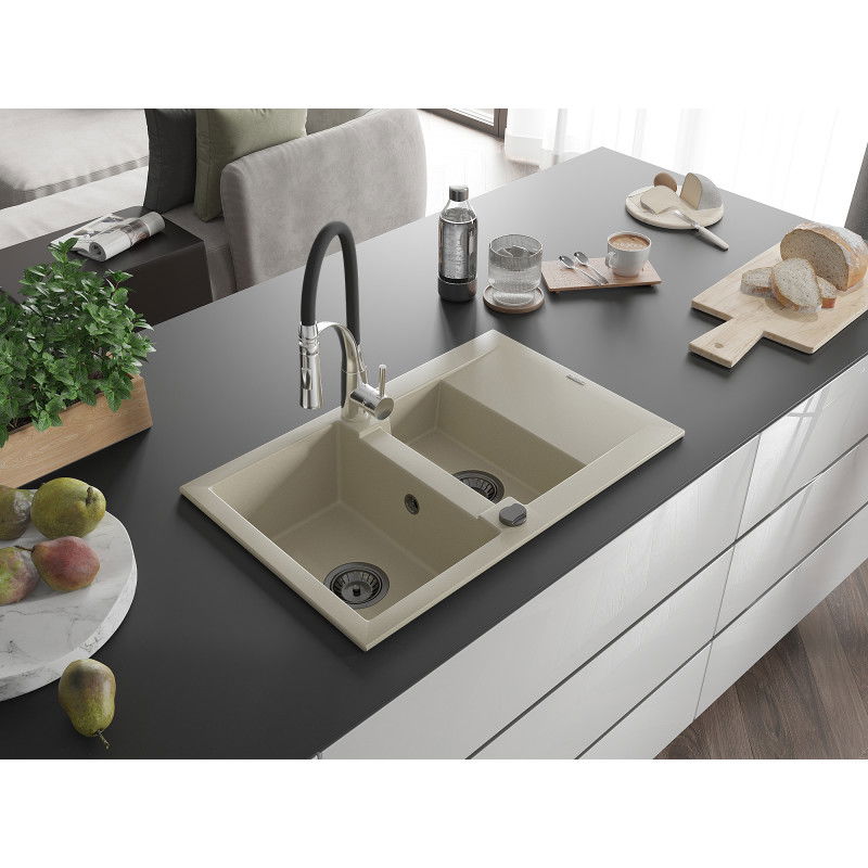 Mexen Gaspar granite sink 1.5-bowl with drainer and Aster kitchen tap, beige - 6507-69-73450-07-B