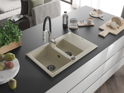 Mexen Gaspar granite sink 1.5-bowl with drainer and Aster kitchen faucet, beige - 6507-69-73450-07-B