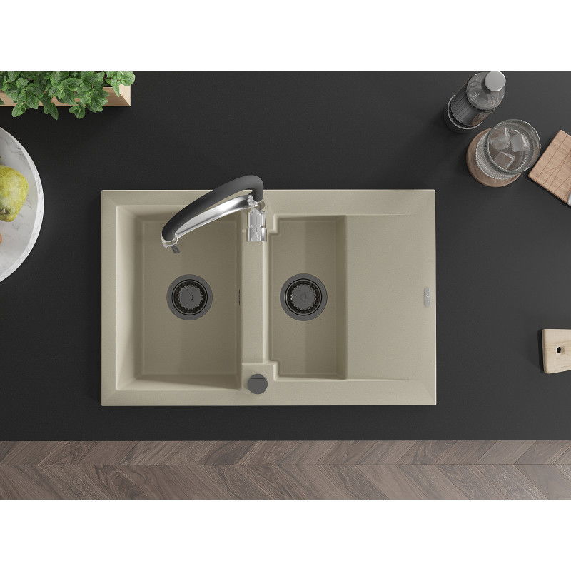 Mexen Gaspar granite sink 1.5-bowl with drainer and Aster kitchen tap, beige - 6507-69-73450-07-B