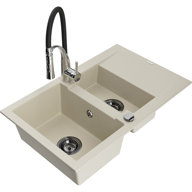 Mexen Gaspar granite sink 1.5-bowl with drainer and Aster kitchen faucet, beige - 6507-69-73450-07-B