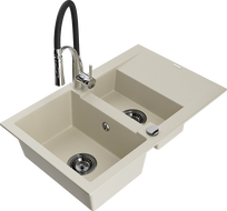 Mexen Gaspar 1.5-compartment granite sink with a drip tray and kitchen mixer tap Aster, Beige - 6507-69-73450-07-B