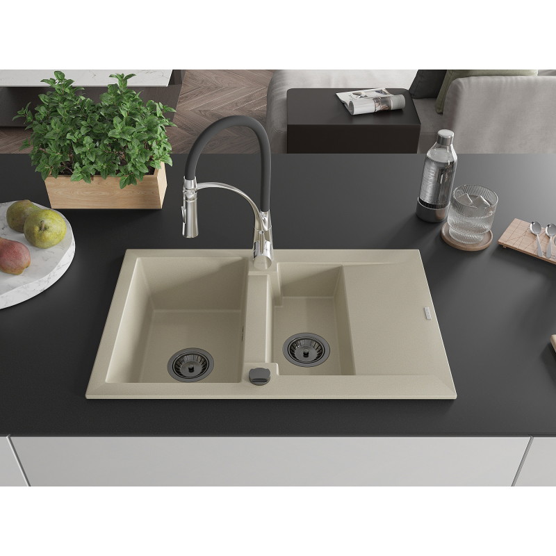 Mexen Gaspar granite sink 1.5-bowl with drainer and Aster kitchen faucet, beige - 6507-69-73450-07-B