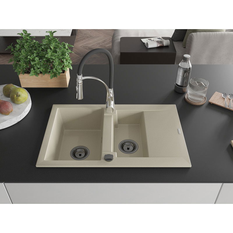 Mexen Gaspar granite sink 1.5-bowl with drainer and Aster kitchen tap, beige - 6507-69-73450-07-B