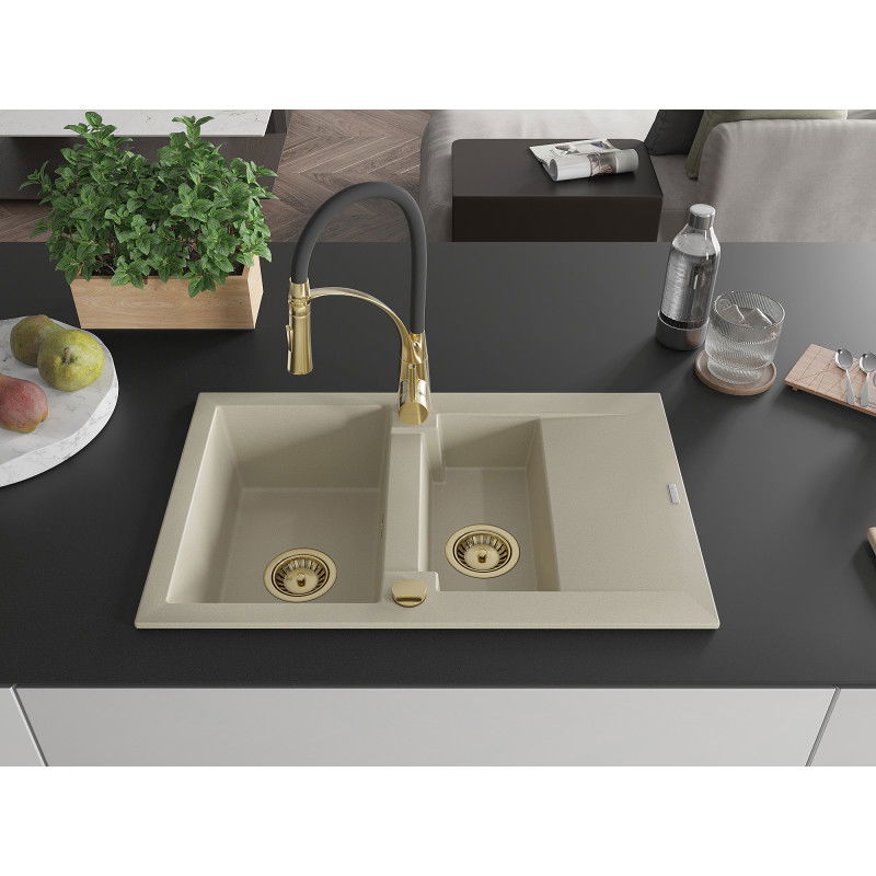 Mexen Gaspar granite sink 1.5-bowl with drainer and Aster kitchen tap, beige - 6507-69-73450-57-G