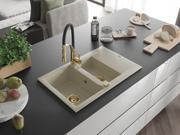 Mexen Gaspar granite sink 1.5-bowl with drainer and Aster kitchen tap, beige - 6507-69-73450-57-G
