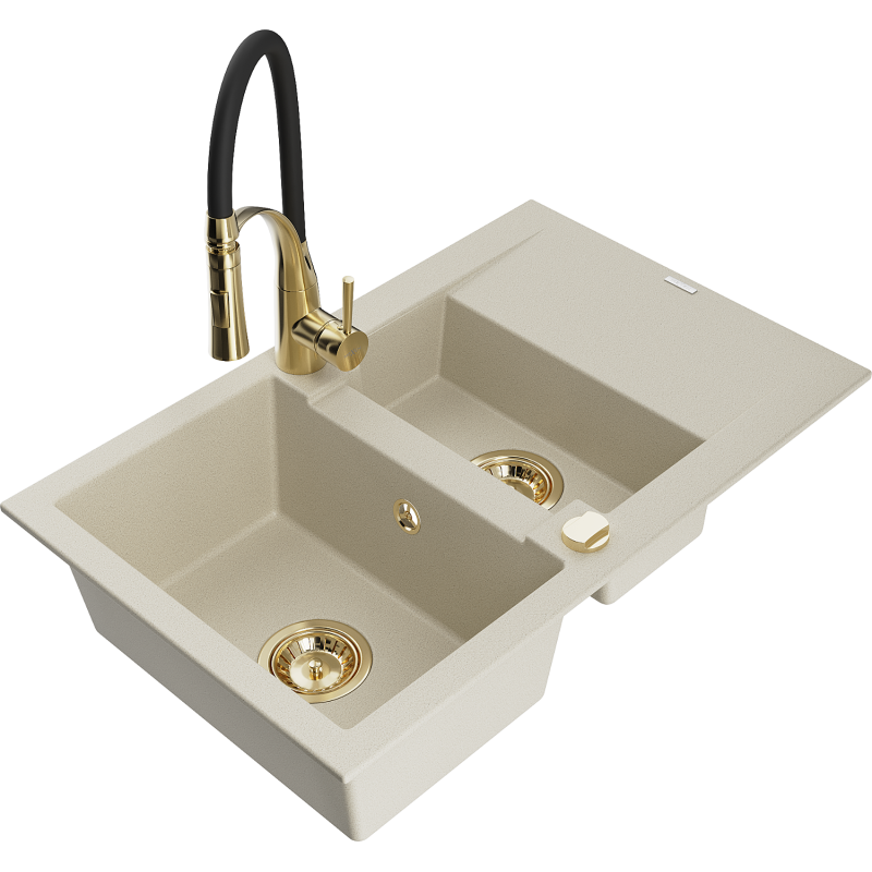 Mexen Gaspar granite sink 1.5-bowl with drainer and Aster kitchen tap, beige - 6507-69-73450-57-G