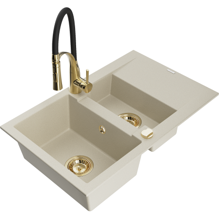 Mexen Gaspar granite sink 1.5-bowl with drainer and Aster kitchen faucet, beige - 6507-69-73450-57-G