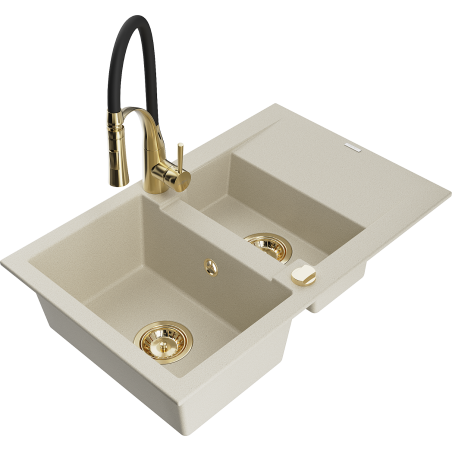 Mexen Gaspar granite sink 1.5-bowl with drainer and Aster kitchen tap, beige - 6507-69-73450-57-G