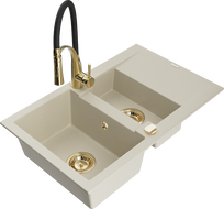 Mexen Gaspar granite kitchen sink 1.5-bowl with drainer and Aster kitchen faucet, beige - 6507-69-73450-57-G