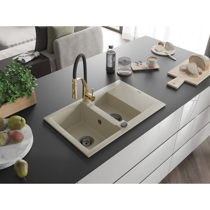 Mexen Gaspar granite sink 1.5-bowl with drainer and Aster kitchen tap, beige - 6507-69-73450-57-B