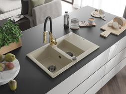 Mexen Gaspar granite sink 1.5-bowl with drainer and Aster kitchen tap, beige - 6507-69-73450-57-B
