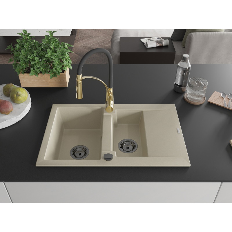 Mexen Gaspar 1.5-bowl granite sink with drainer and Aster kitchen faucet, beige - 6507-69-73450-57-B