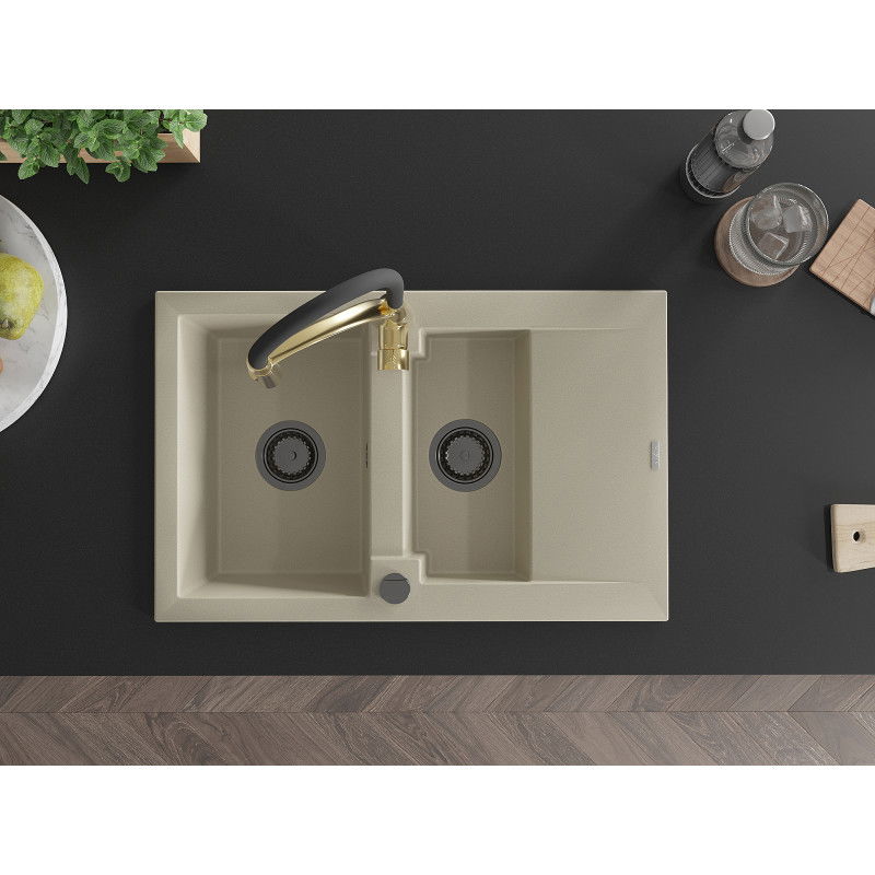 Mexen Gaspar granite sink 1.5-bowl with drainer and Aster kitchen tap, beige - 6507-69-73450-57-B