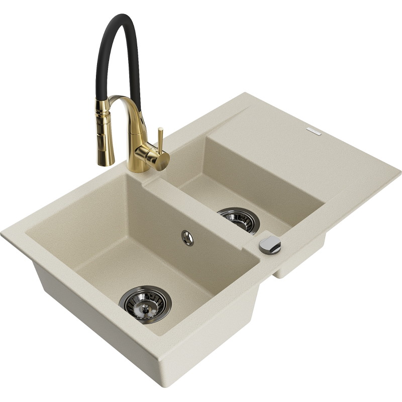 Mexen Gaspar granite 1.5-bowl sink with drainer and Aster kitchen faucet, beige - 6507-69-73450-57-B